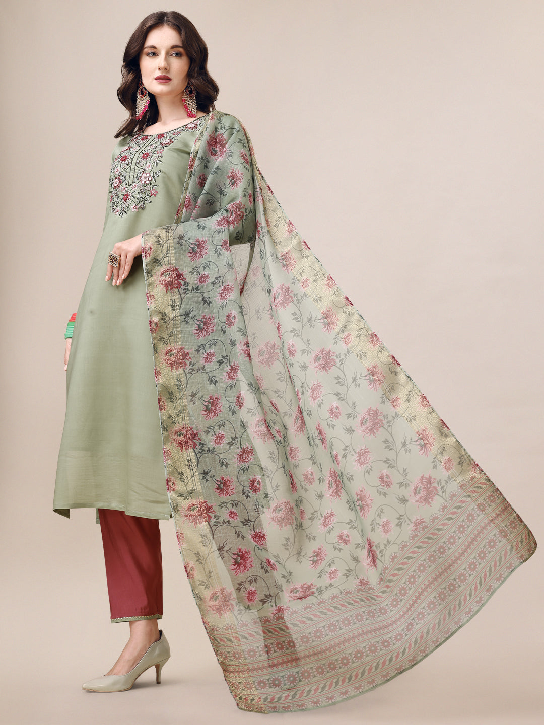 Embroidered Kurta With Pant & Printed Dupatta Set, Multicolor - Hiral Fashion | Grocsy