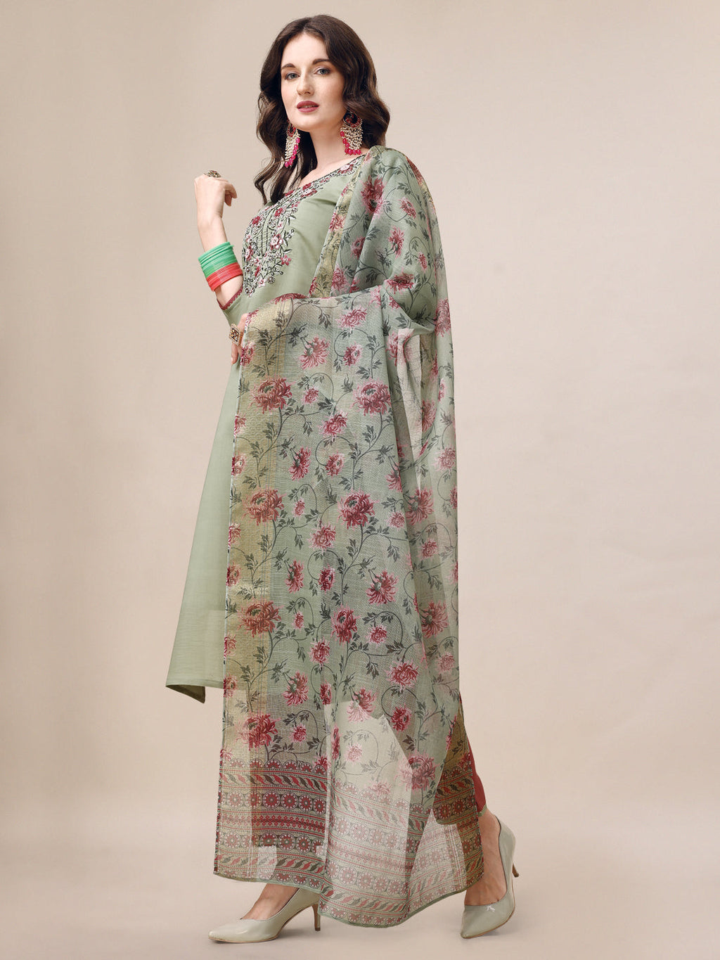 Embroidered Kurta With Pant & Printed Dupatta Set, Multicolor - Hiral Fashion | Grocsy