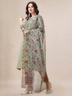 Embroidered Kurta With Pant & Printed Dupatta Set, Multicolor - Hiral Fashion | Grocsy