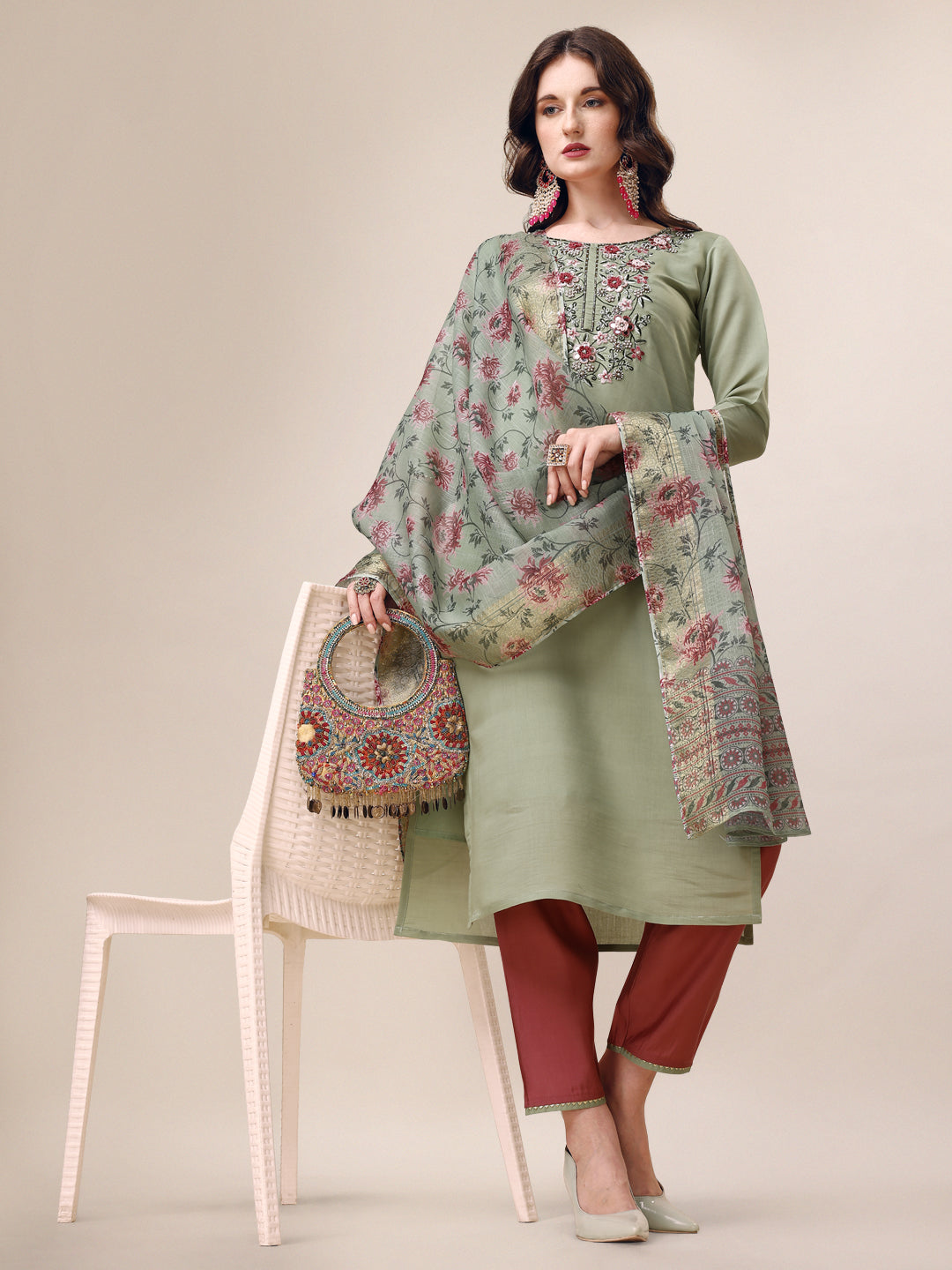 Embroidered Kurta With Pant & Printed Dupatta Set, Multicolor - Hiral Fashion | Grocsy