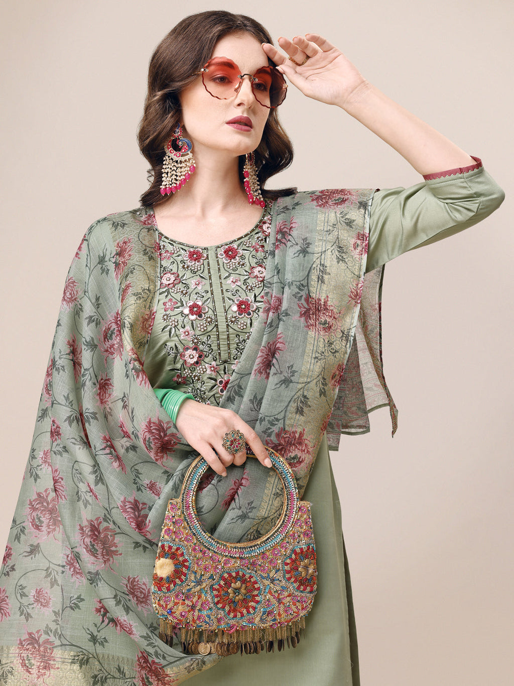 Embroidered Kurta With Pant & Printed Dupatta Set, Multicolor - Hiral Fashion | Grocsy