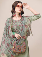 Embroidered Kurta With Pant & Printed Dupatta Set, Multicolor - Hiral Fashion | Grocsy