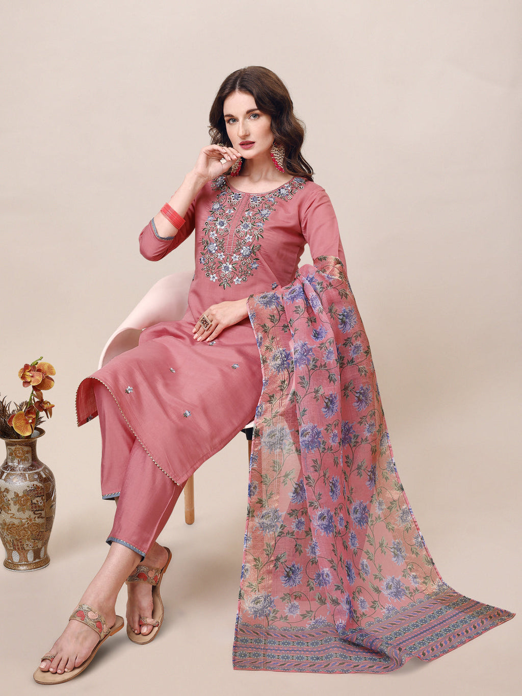 Embroidered Kurta With Pant & Printed Dupatta Set, Multicolor - Hiral Fashion | Grocsy