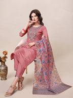 Embroidered Kurta With Pant & Printed Dupatta Set, Multicolor - Hiral Fashion | Grocsy