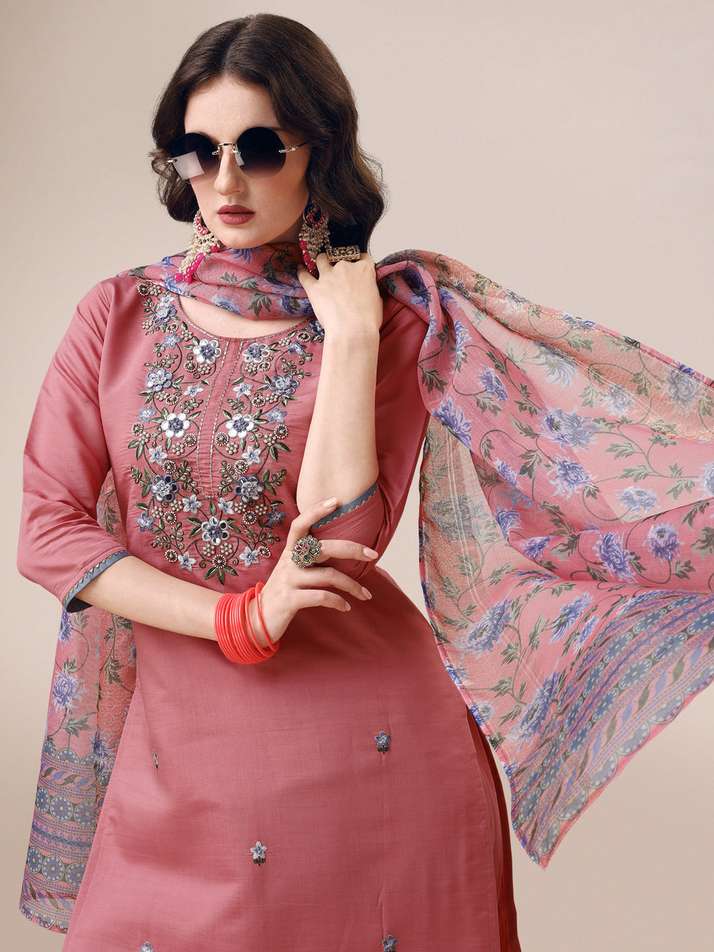 Embroidered Kurta With Pant & Printed Dupatta Set, Multicolor - Hiral Fashion | Grocsy