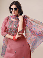 Embroidered Kurta With Pant & Printed Dupatta Set, Multicolor - Hiral Fashion | Grocsy