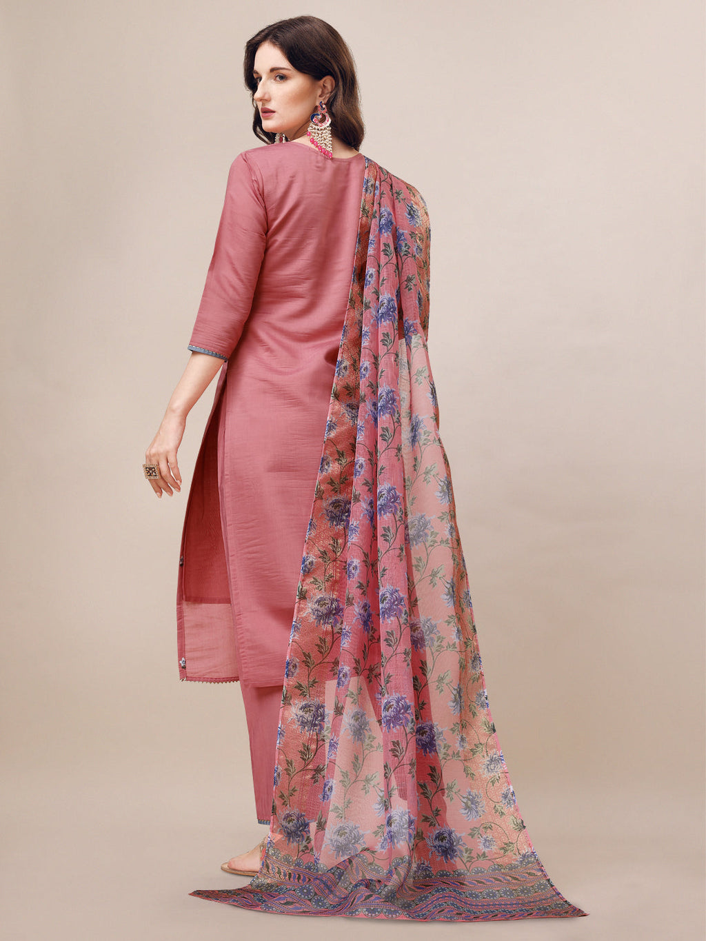 Embroidered Kurta With Pant & Printed Dupatta Set, Multicolor - Hiral Fashion | Grocsy