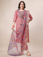 Embroidered Kurta With Pant & Printed Dupatta Set, Multicolor - Hiral Fashion | Grocsy