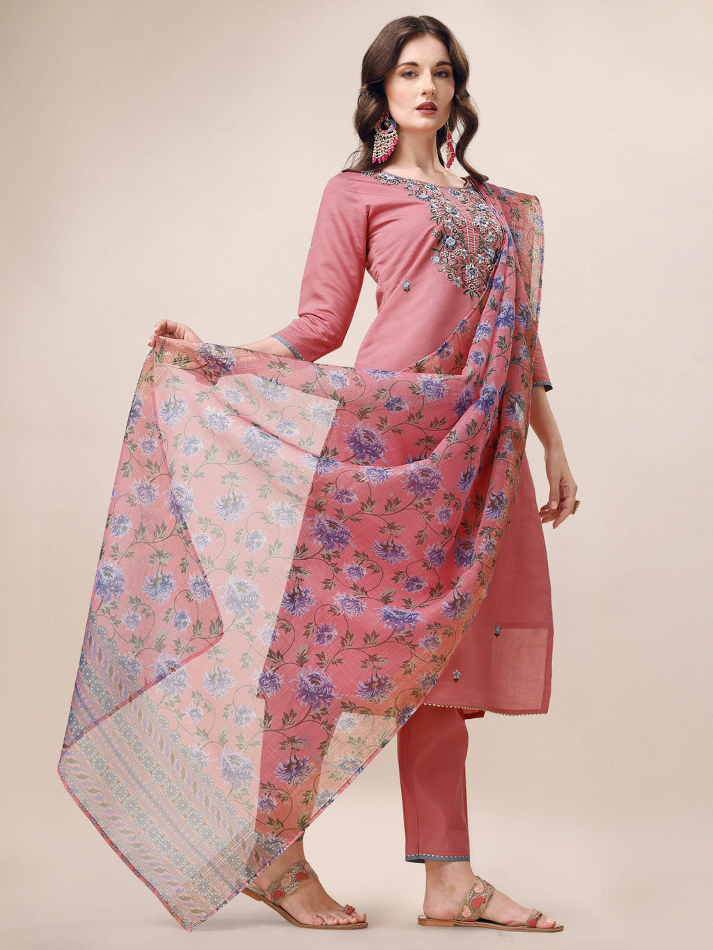 Embroidered Kurta With Pant & Printed Dupatta Set, Multicolor - Hiral Fashion | Grocsy