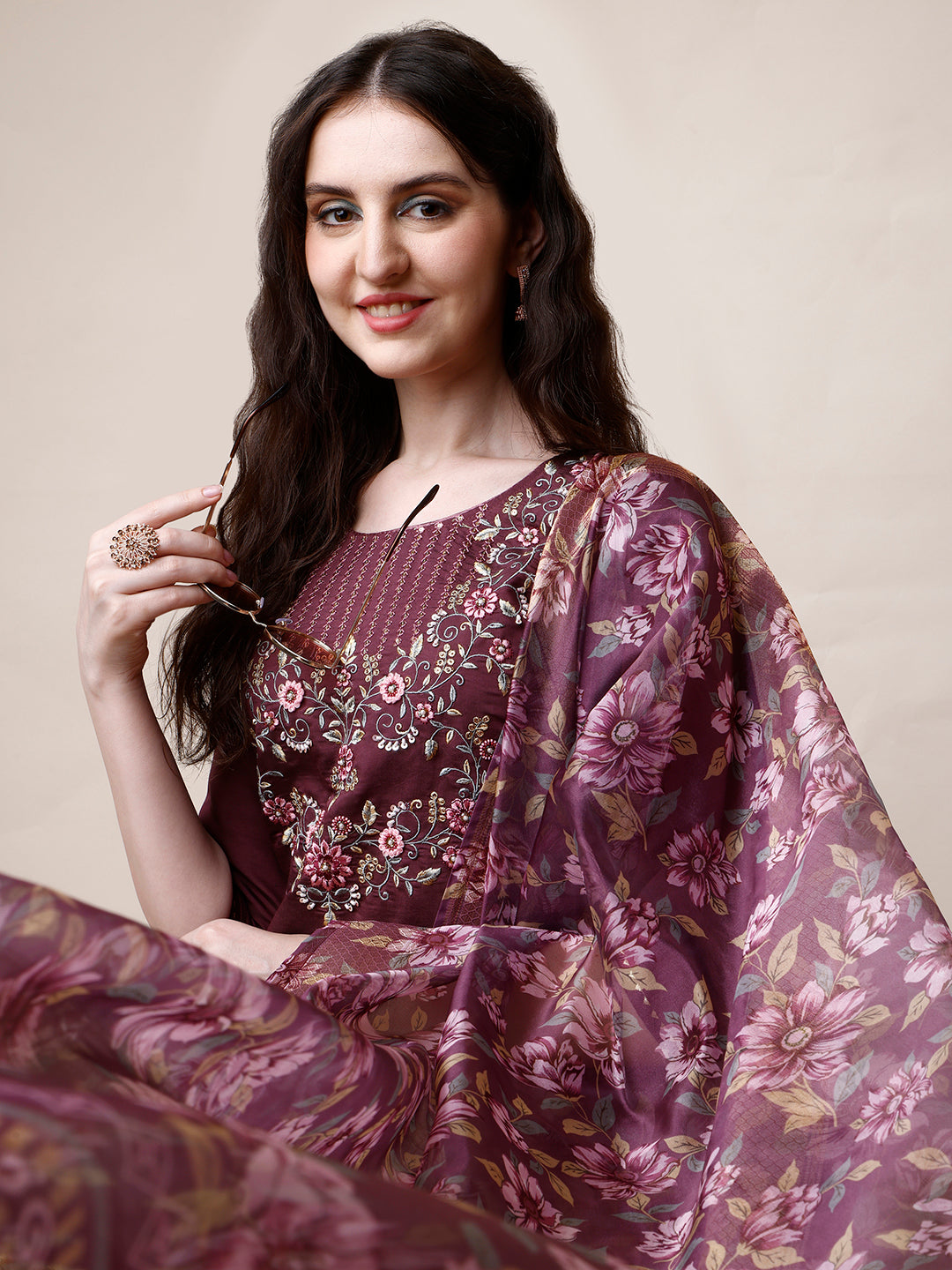 Embroidered Kurta With Pant And Dupatta Set, Multicolor - Hiral Fashion | Grocsy