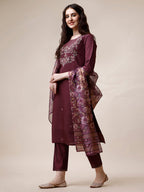 Embroidered Kurta With Pant And Dupatta Set, Multicolor - Hiral Fashion | Grocsy