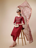 Embroidered Kurta With Pant And Printed Dupatta Set, Multicolor - Hiral Fashion | Grocsy