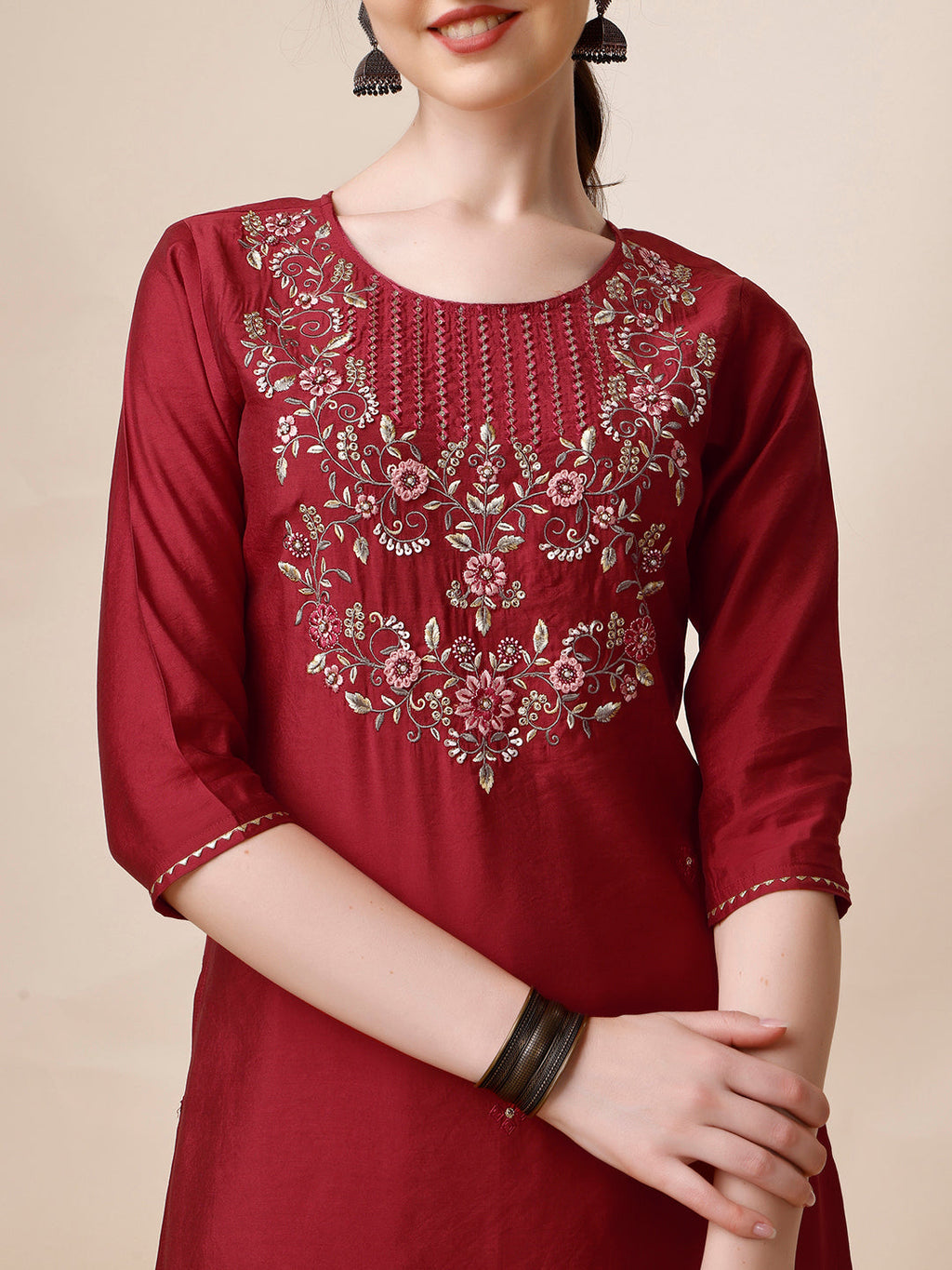 Embroidered Kurta With Pant And Printed Dupatta Set, Multicolor - Hiral Fashion | Grocsy
