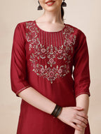 Embroidered Kurta With Pant And Printed Dupatta Set, Multicolor - Hiral Fashion | Grocsy