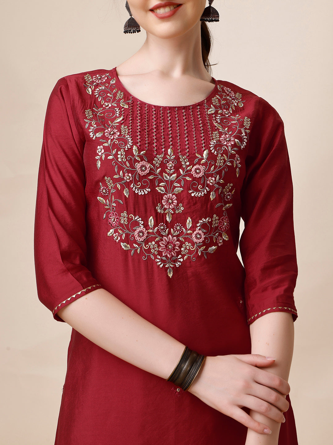 Embroidered Kurta With Pant And Printed Dupatta Set, Multicolor - Hiral Fashion | Grocsy