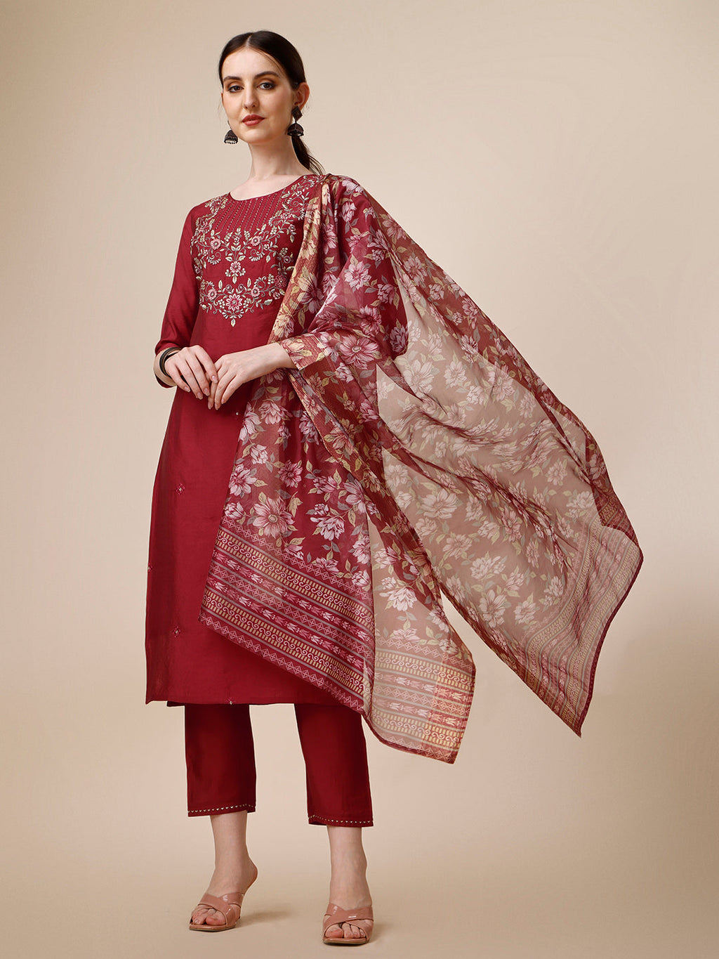 Embroidered Kurta With Pant And Printed Dupatta Set, Multicolor - Hiral Fashion | Grocsy