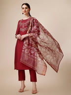 Embroidered Kurta With Pant And Printed Dupatta Set, Multicolor - Hiral Fashion | Grocsy