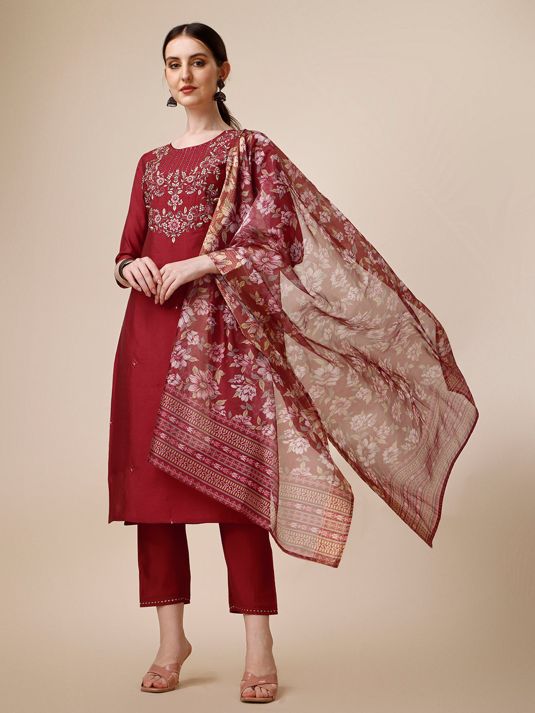 Embroidered Kurta With Pant And Printed Dupatta Set, Multicolor - Hiral Fashion | Grocsy