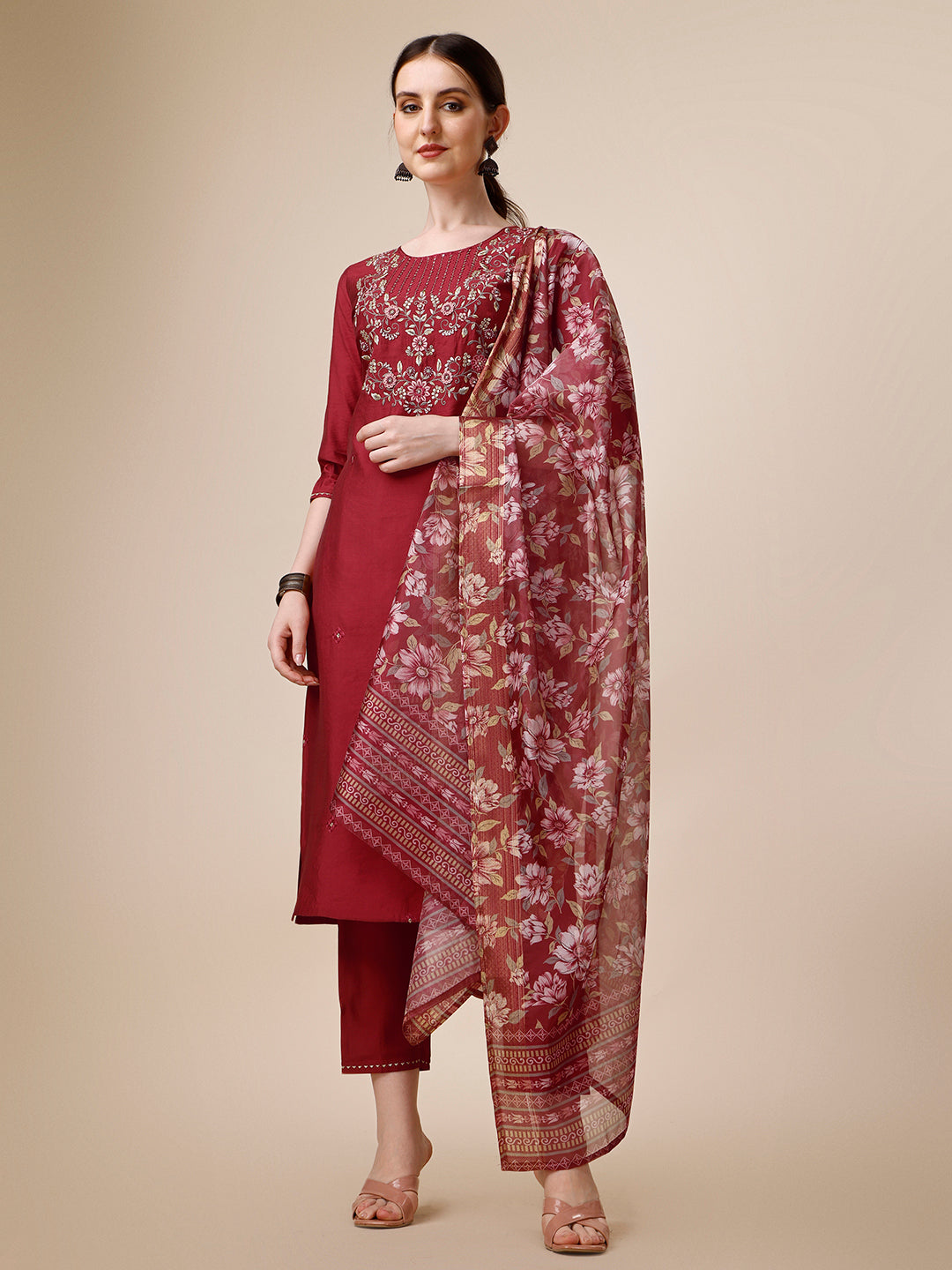 Embroidered Kurta With Pant And Printed Dupatta Set, Multicolor - Hiral Fashion | Grocsy