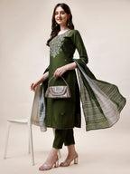 Hand Embroidered Kurta With Pant And Dupatta Set, Multicolor - Hiral Fashion | Grocsy