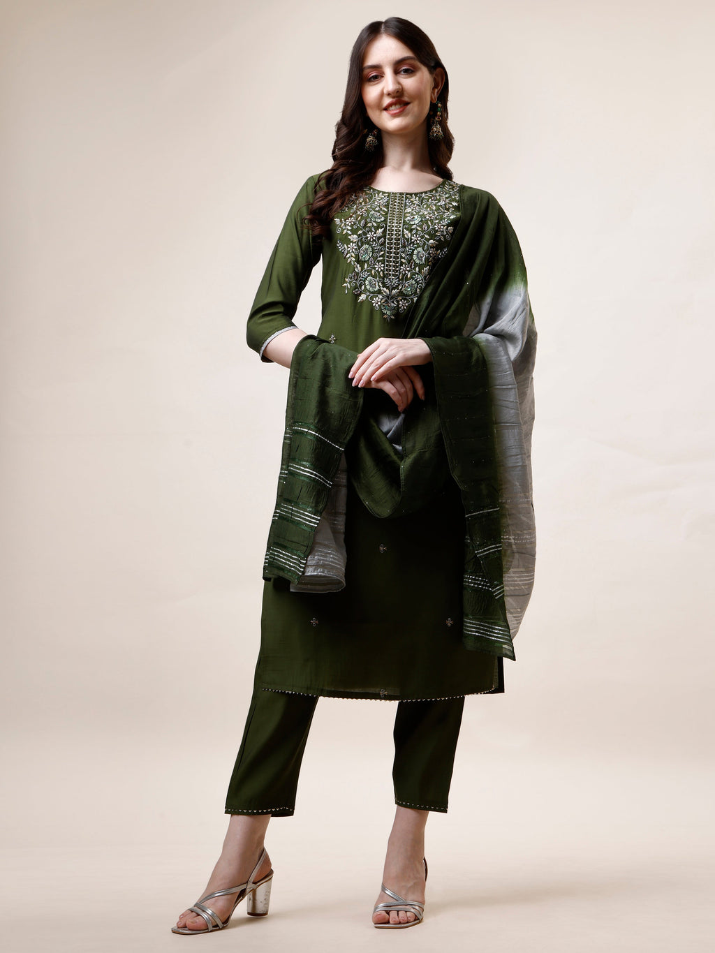 Hand Embroidered Kurta With Pant And Dupatta Set, Multicolor - Hiral Fashion | Grocsy