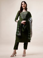 Hand Embroidered Kurta With Pant And Dupatta Set, Multicolor - Hiral Fashion | Grocsy