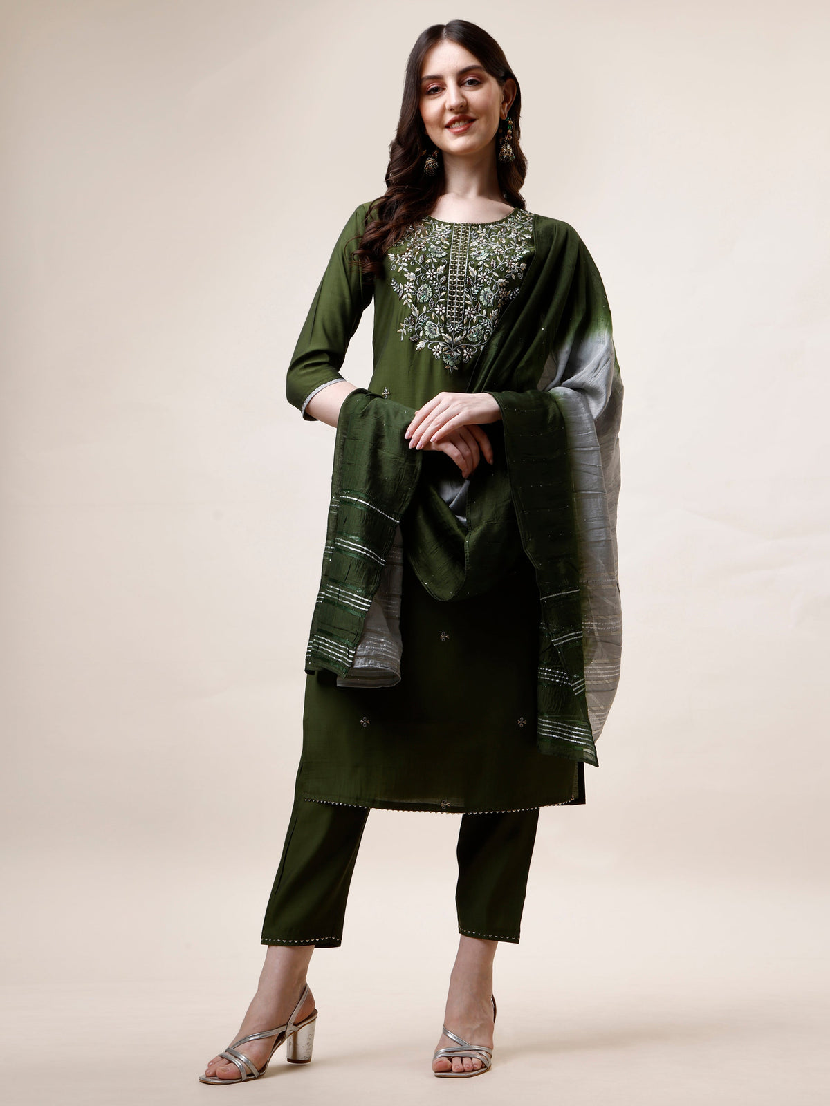 Hand Embroidered Kurta With Pant And Dupatta Set, Multicolor - Hiral Fashion | Grocsy