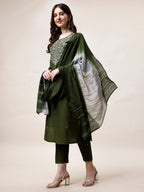 Hand Embroidered Kurta With Pant And Dupatta Set, Multicolor - Hiral Fashion | Grocsy