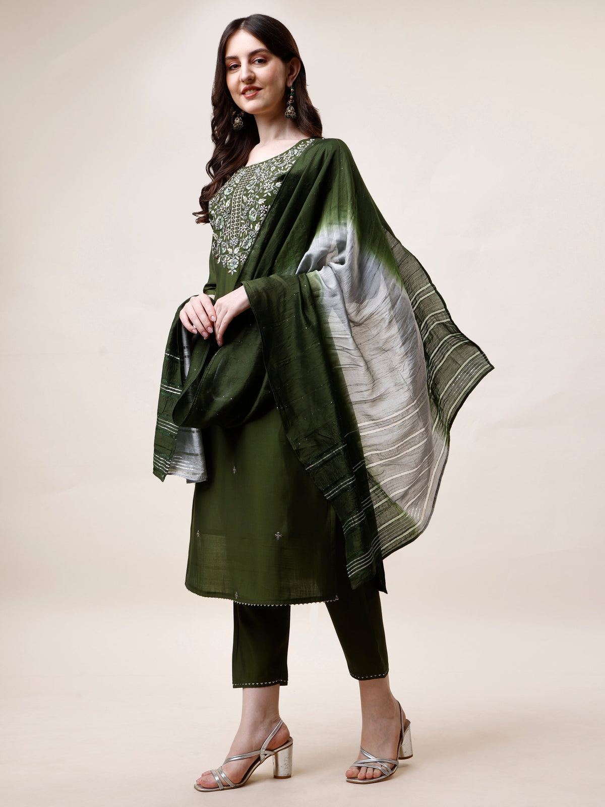 Hand Embroidered Kurta With Pant And Dupatta Set, Multicolor - Hiral Fashion | Grocsy