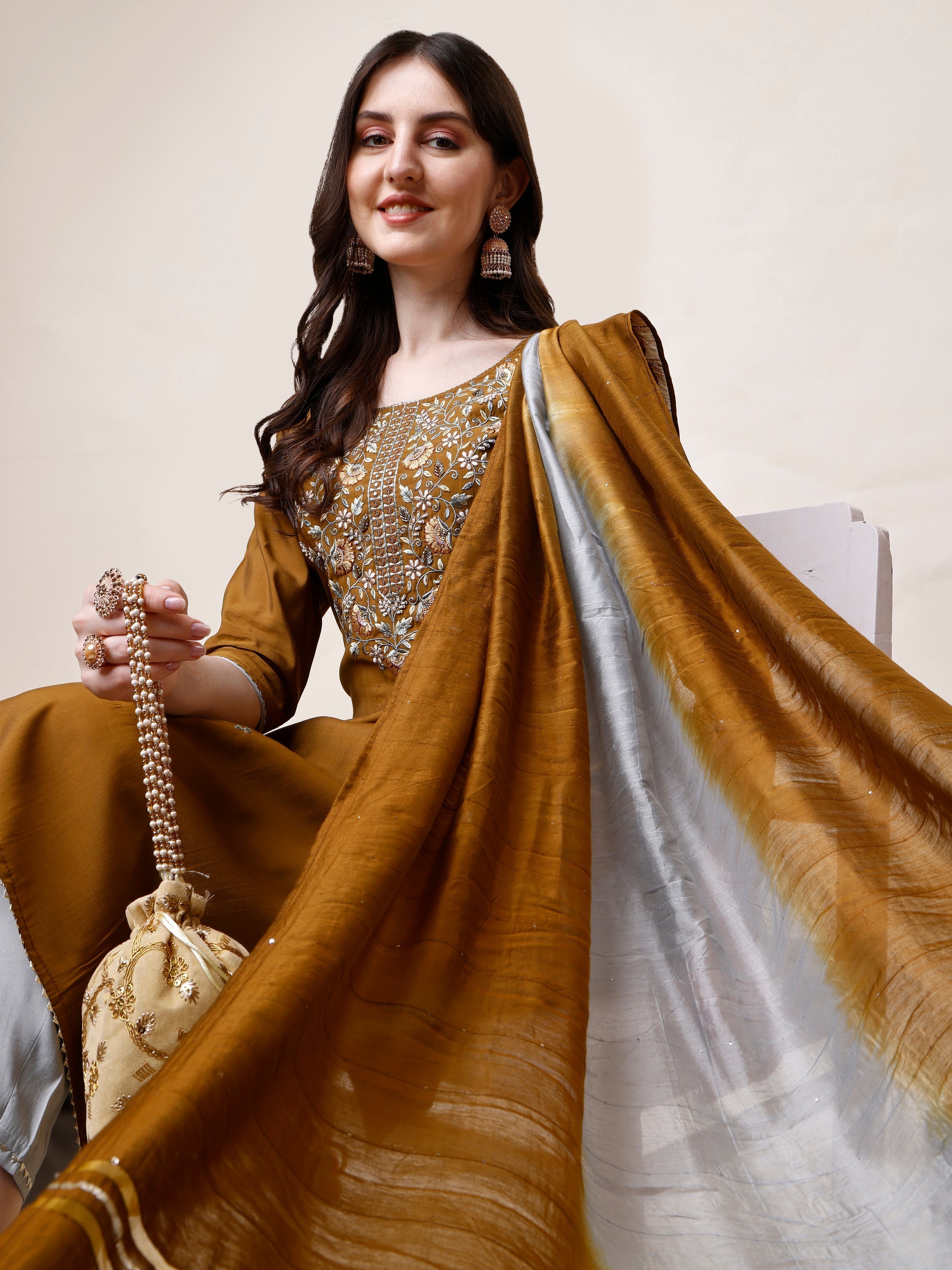 Hand Embroidered Kurta With Pant And Dupatta Set, Multicolor - Hiral Fashion | Grocsy