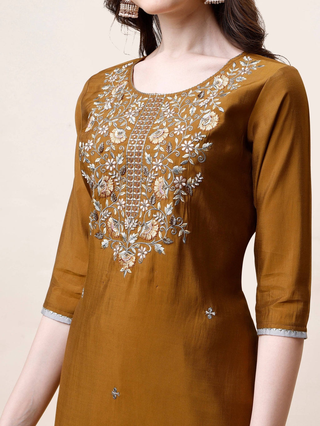 Hand Embroidered Kurta With Pant And Dupatta Set, Multicolor - Hiral Fashion | Grocsy