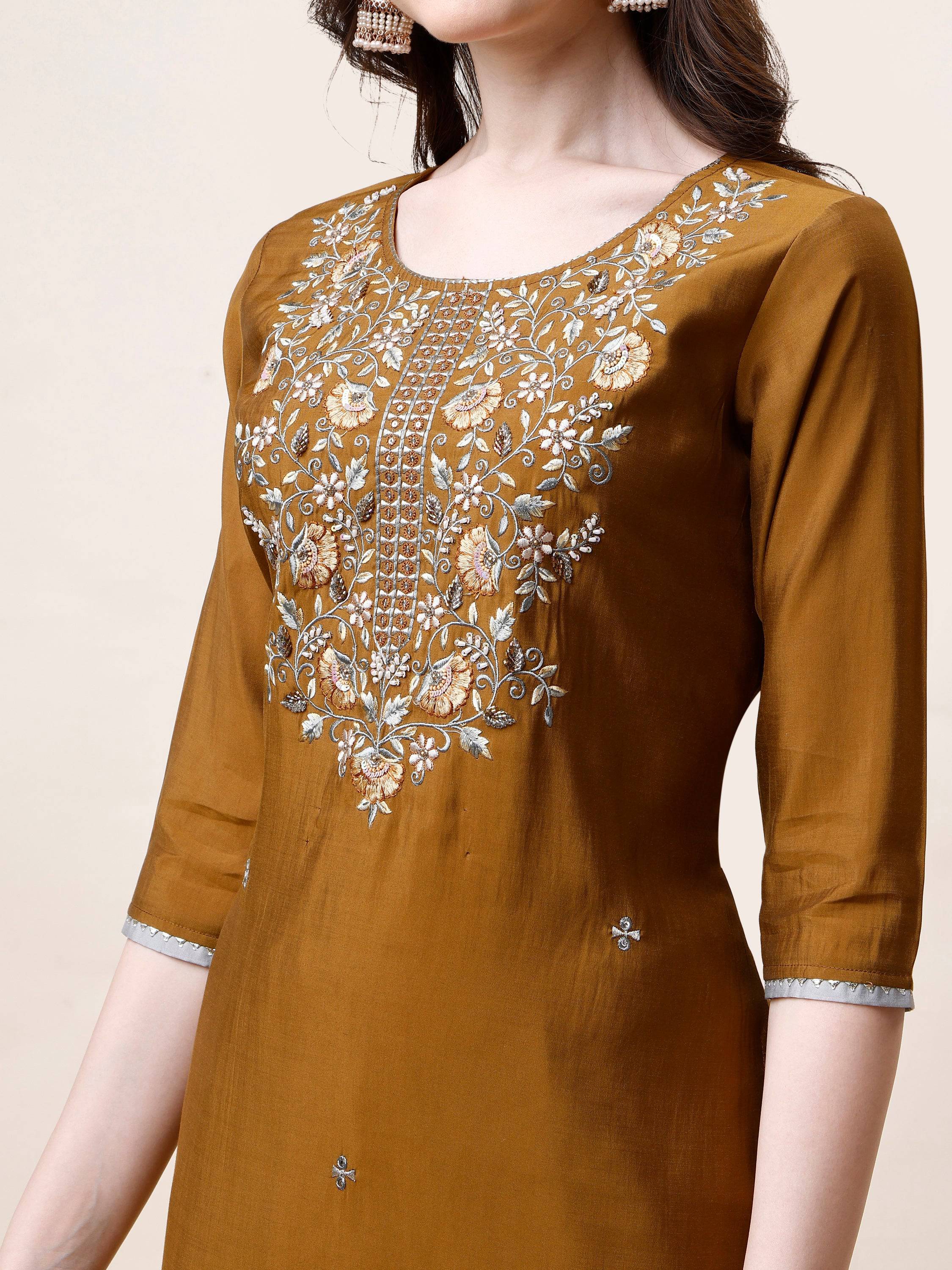 Hand Embroidered Kurta With Pant And Dupatta Set, Multicolor - Hiral Fashion | Grocsy