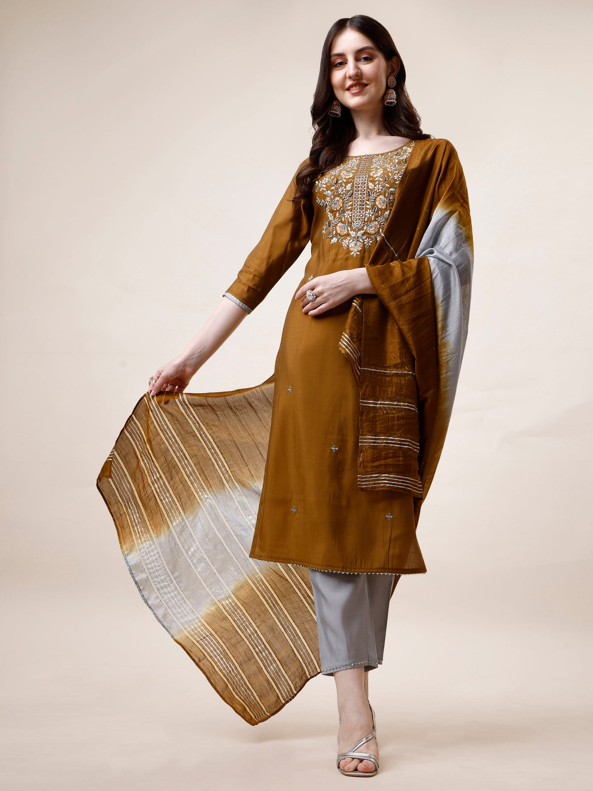 Hand Embroidered Kurta With Pant And Dupatta Set, Multicolor - Hiral Fashion | Grocsy