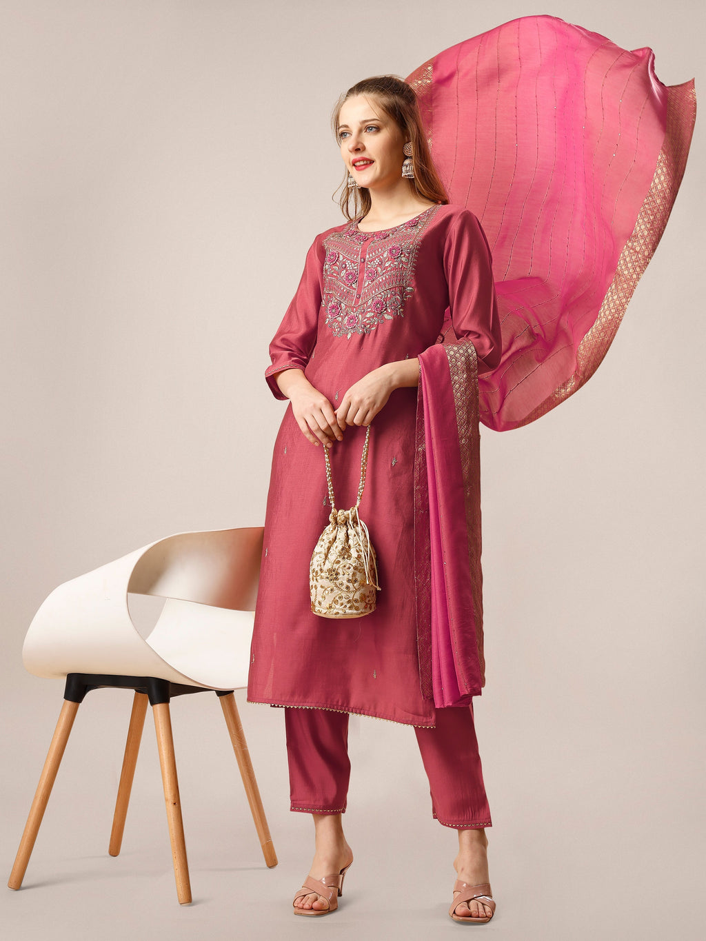 Hand Embroidered Kurta With Pant And Dupatta Set, Multicolor - Hiral Fashion | Grocsy