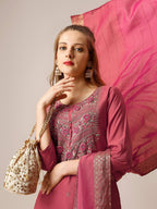 Hand Embroidered Kurta With Pant And Dupatta Set, Multicolor - Hiral Fashion | Grocsy