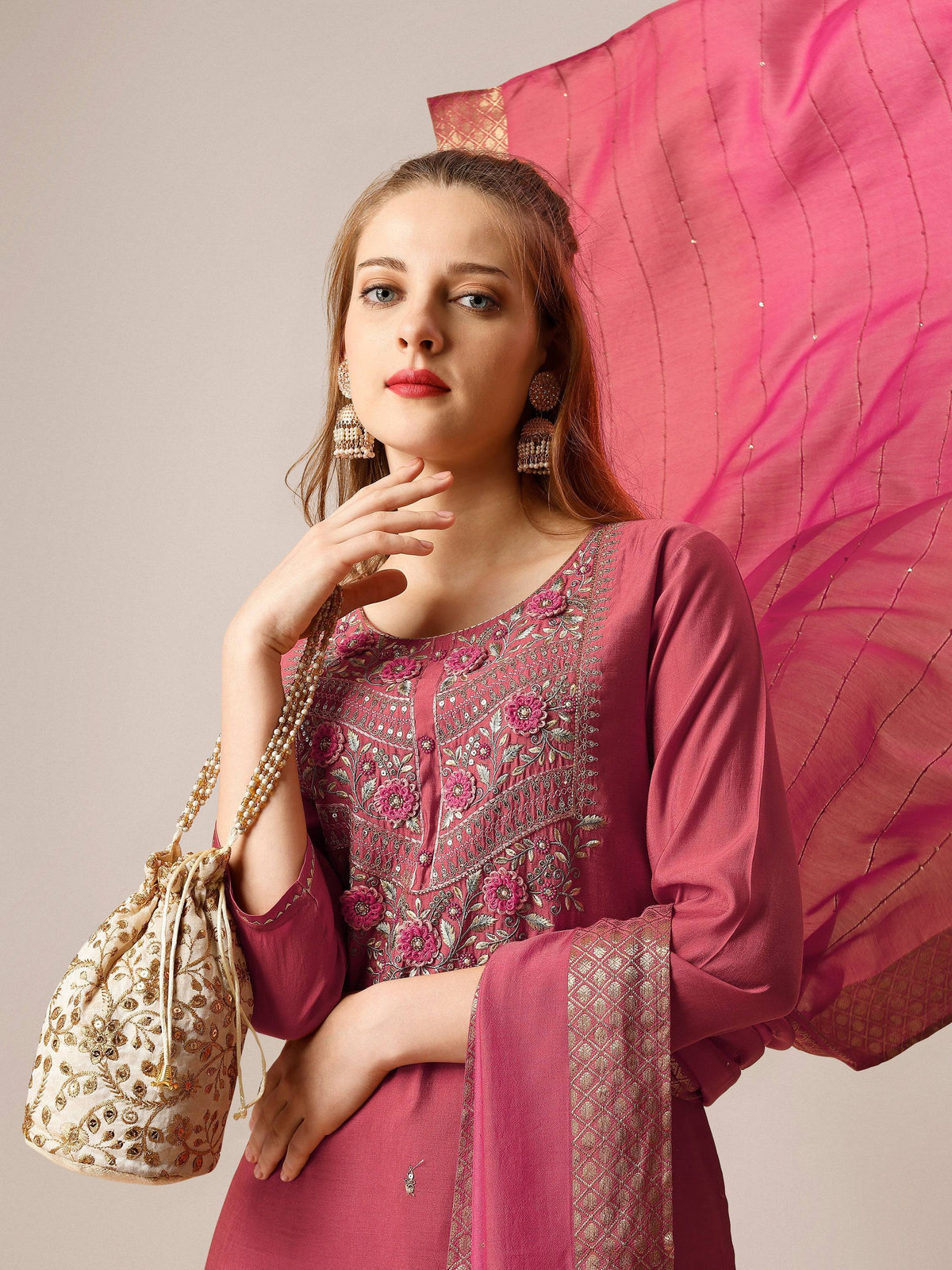 Hand Embroidered Kurta With Pant And Dupatta Set, Multicolor - Hiral Fashion | Grocsy
