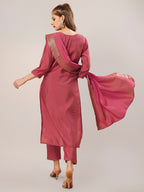 Hand Embroidered Kurta With Pant And Dupatta Set, Multicolor - Hiral Fashion | Grocsy