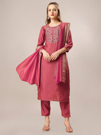 Hand Embroidered Kurta With Pant And Dupatta Set, Multicolor - Hiral Fashion | Grocsy