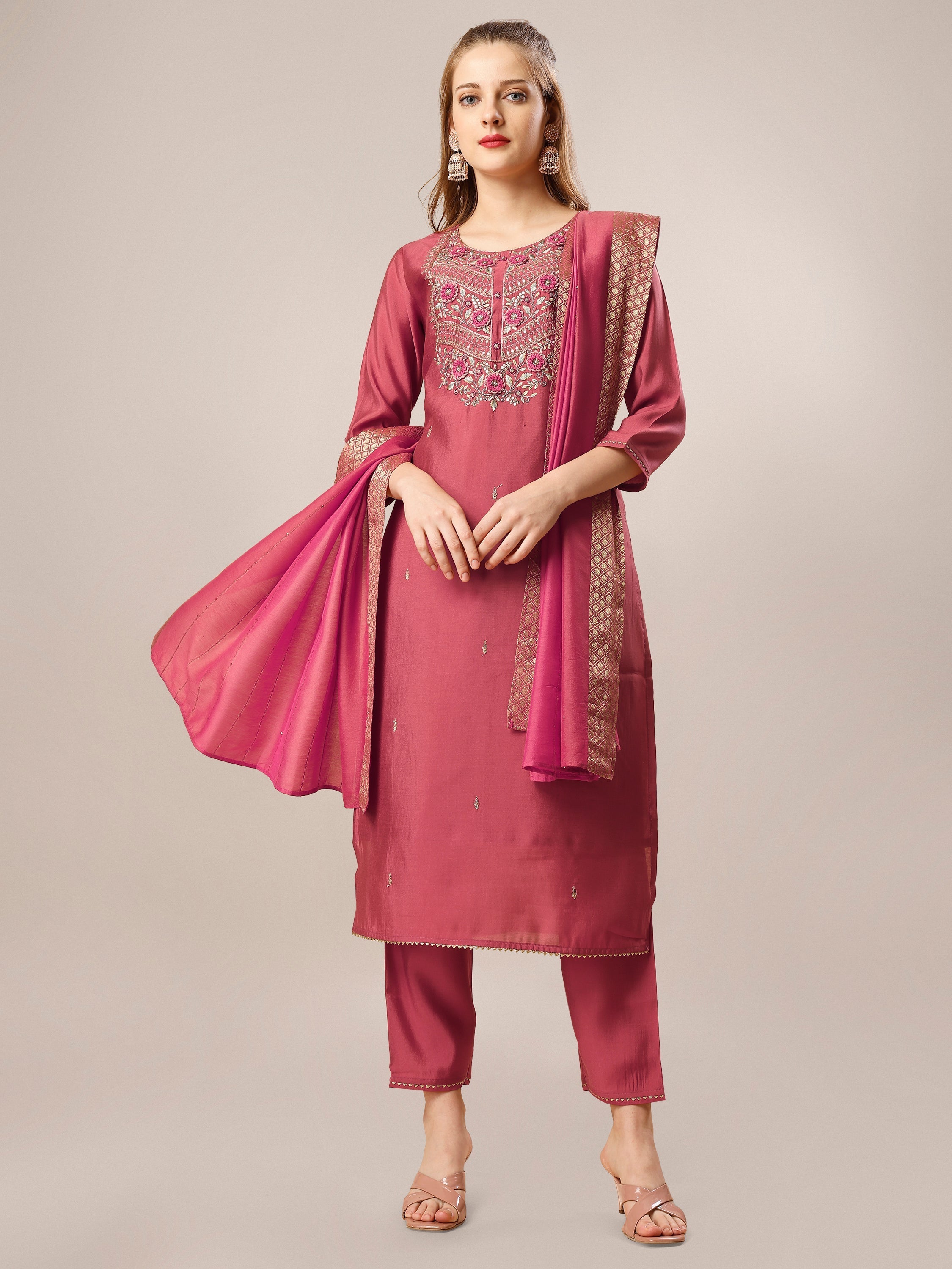 Hand Embroidered Kurta With Pant And Dupatta Set, Multicolor - Hiral Fashion | Grocsy