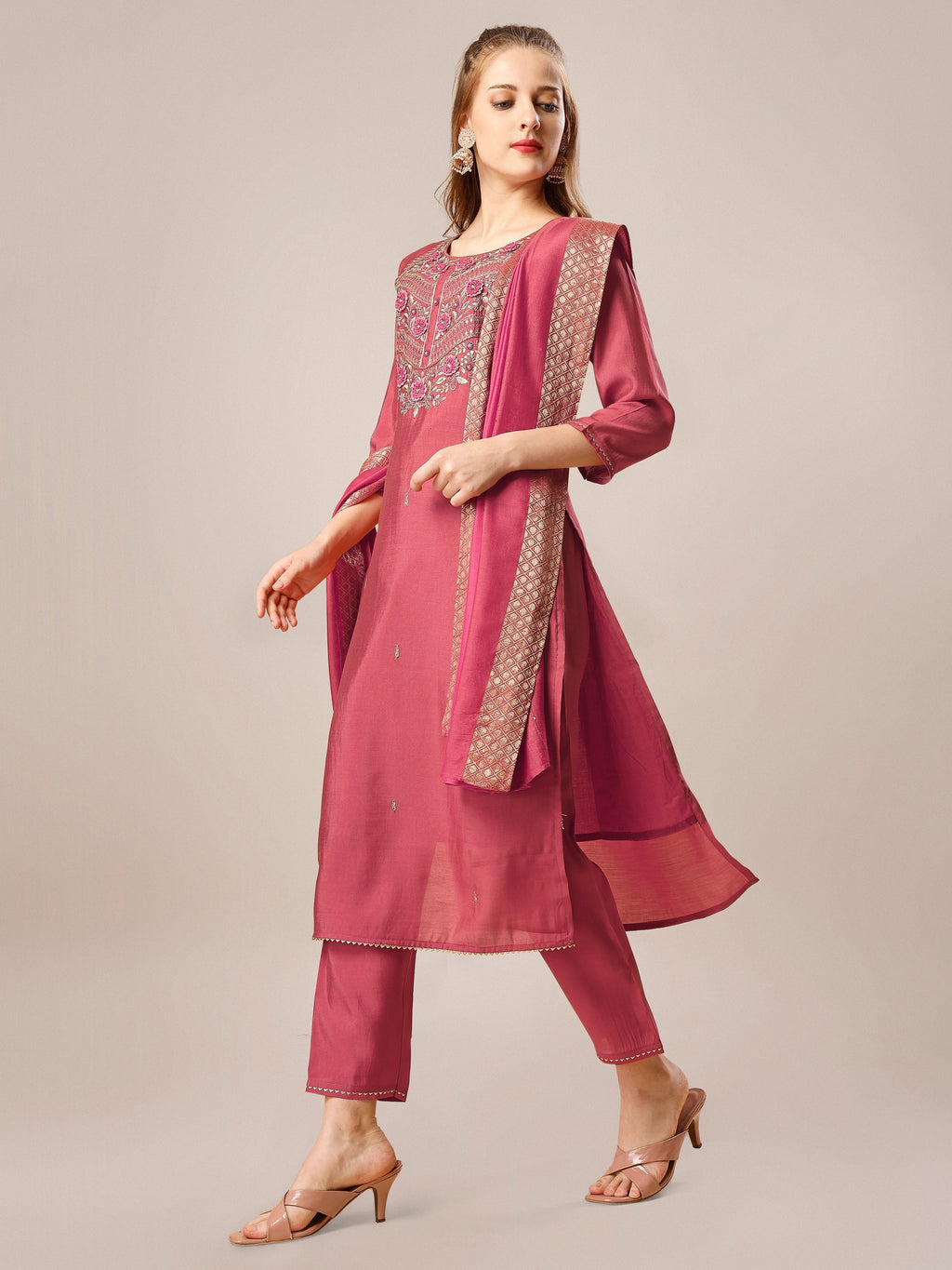 Hand Embroidered Kurta With Pant And Dupatta Set, Multicolor - Hiral Fashion | Grocsy