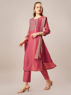 Hand Embroidered Kurta With Pant And Dupatta Set, Multicolor - Hiral Fashion | Grocsy