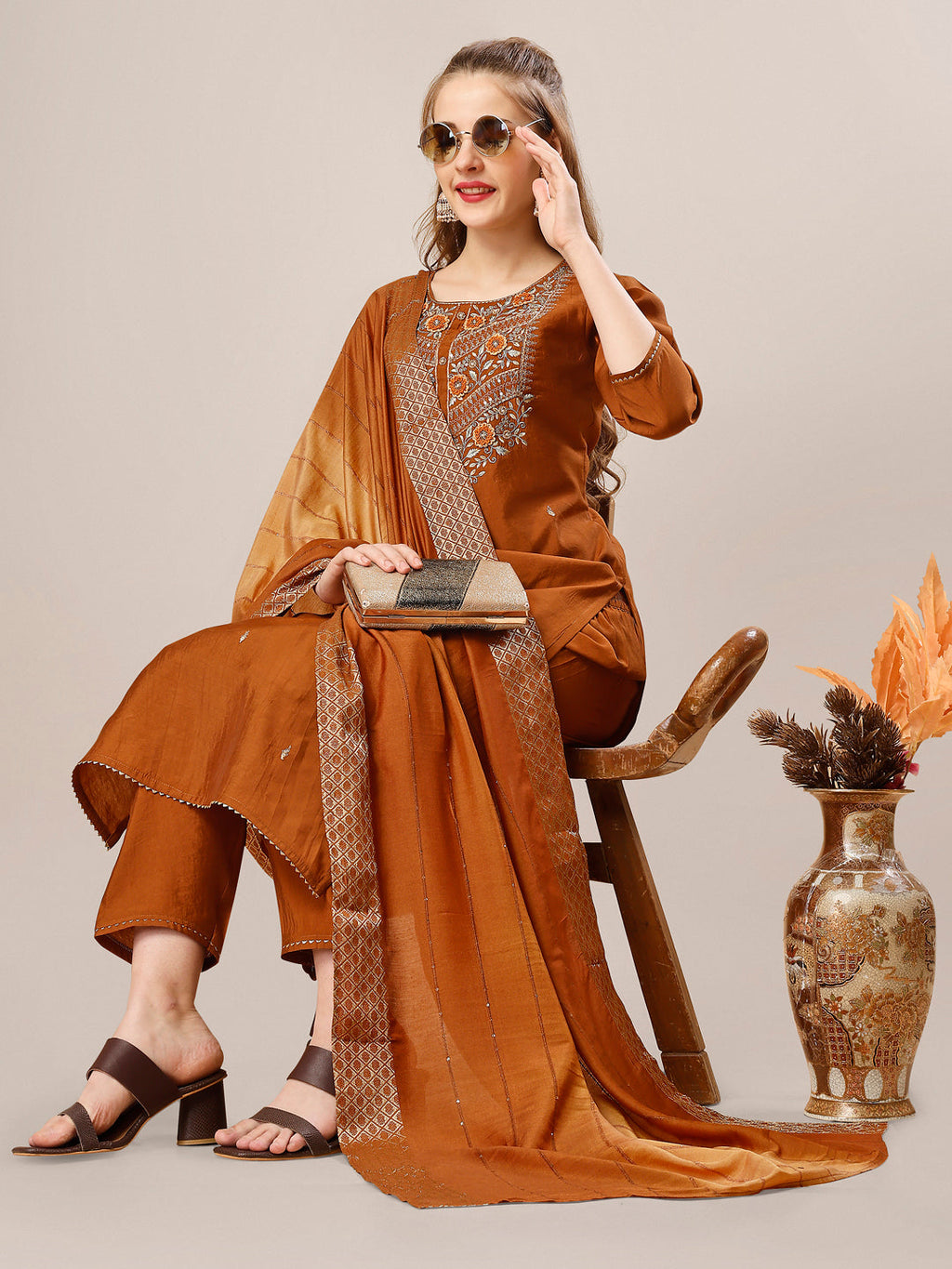 Hand Embroidered Kurta With Pant And Dupatta Set, Multicolor - Hiral Fashion | Grocsy