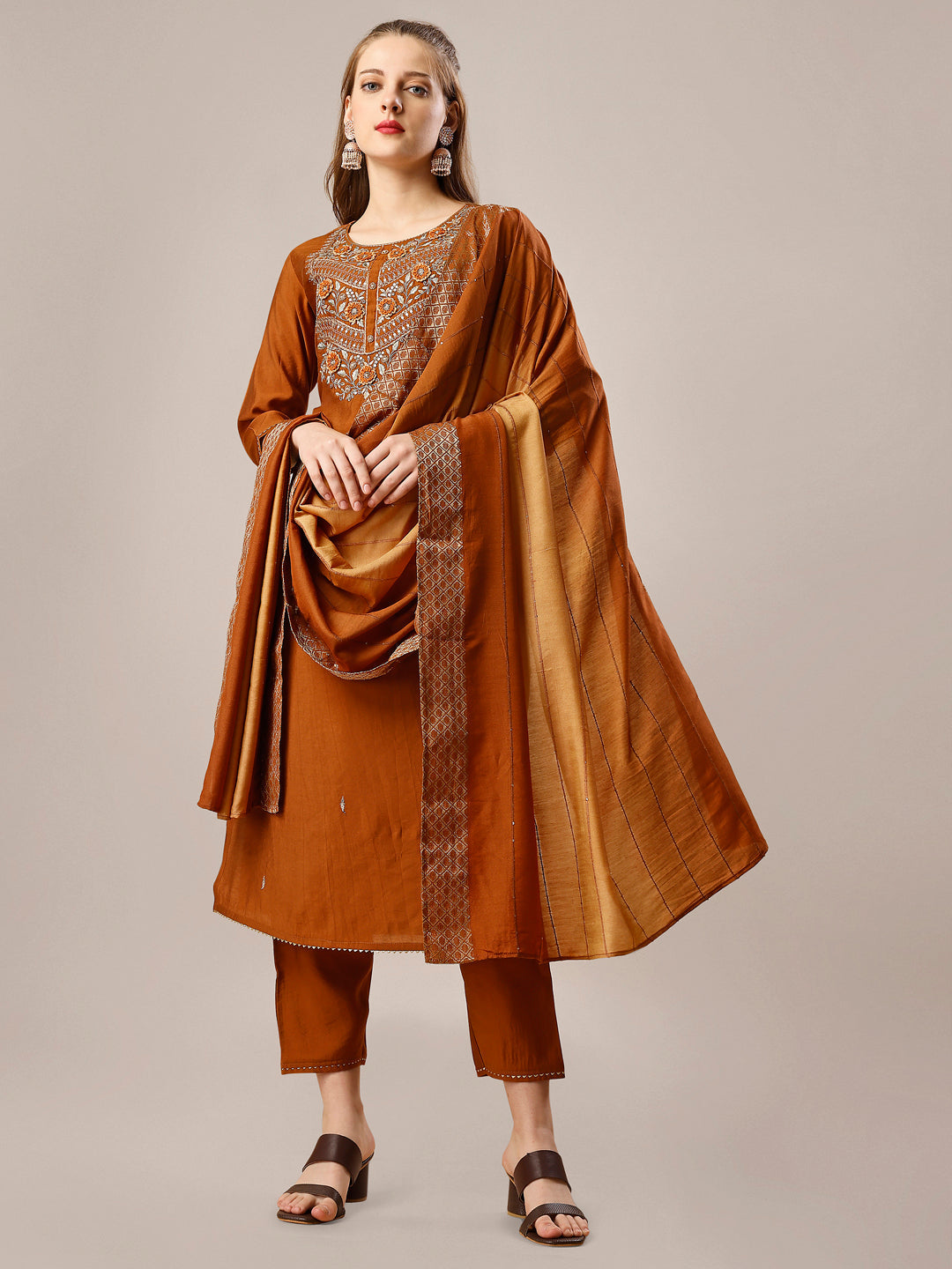 Hand Embroidered Kurta With Pant And Dupatta Set, Multicolor - Hiral Fashion | Grocsy