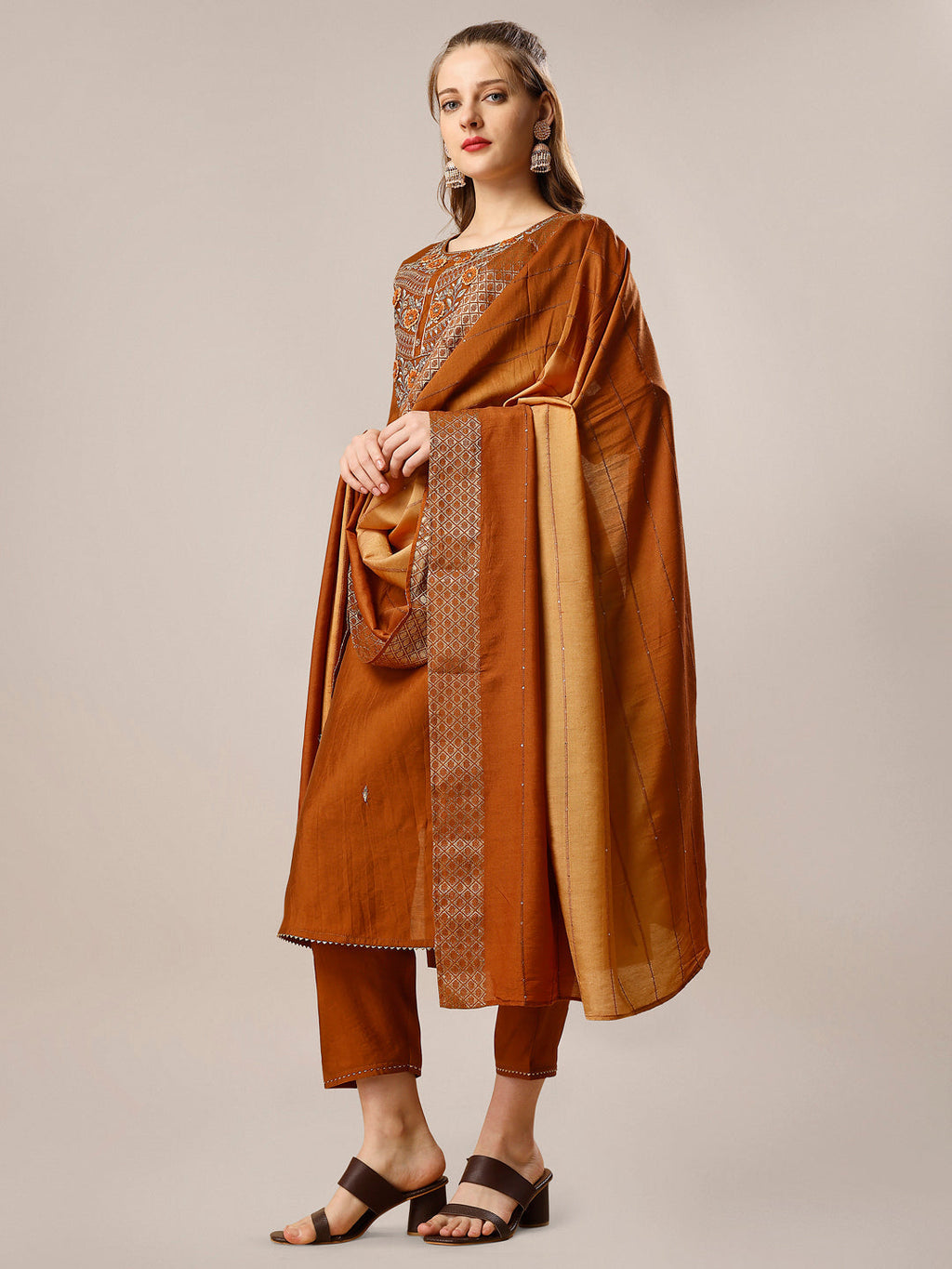Hand Embroidered Kurta With Pant And Dupatta Set, Multicolor - Hiral Fashion | Grocsy