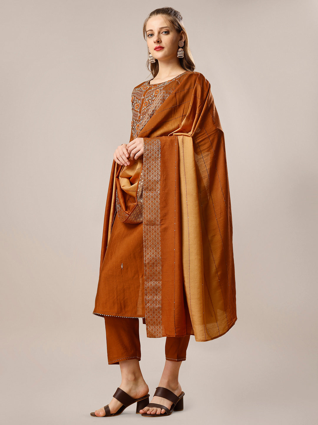 Hand Embroidered Kurta With Pant And Dupatta Set, Multicolor - Hiral Fashion | Grocsy