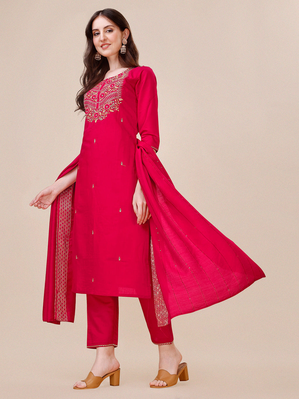 Chanderi Hot Pink Kurta With Pant And Dupatta Set, Multicolor - Hiral Fashion | Grocsy