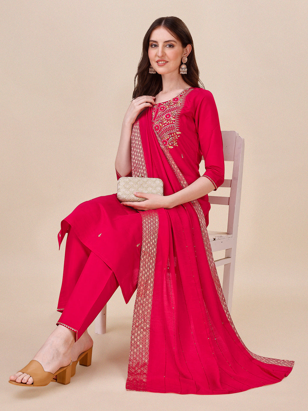 Chanderi Hot Pink Kurta With Pant And Dupatta Set, Multicolor - Hiral Fashion | Grocsy