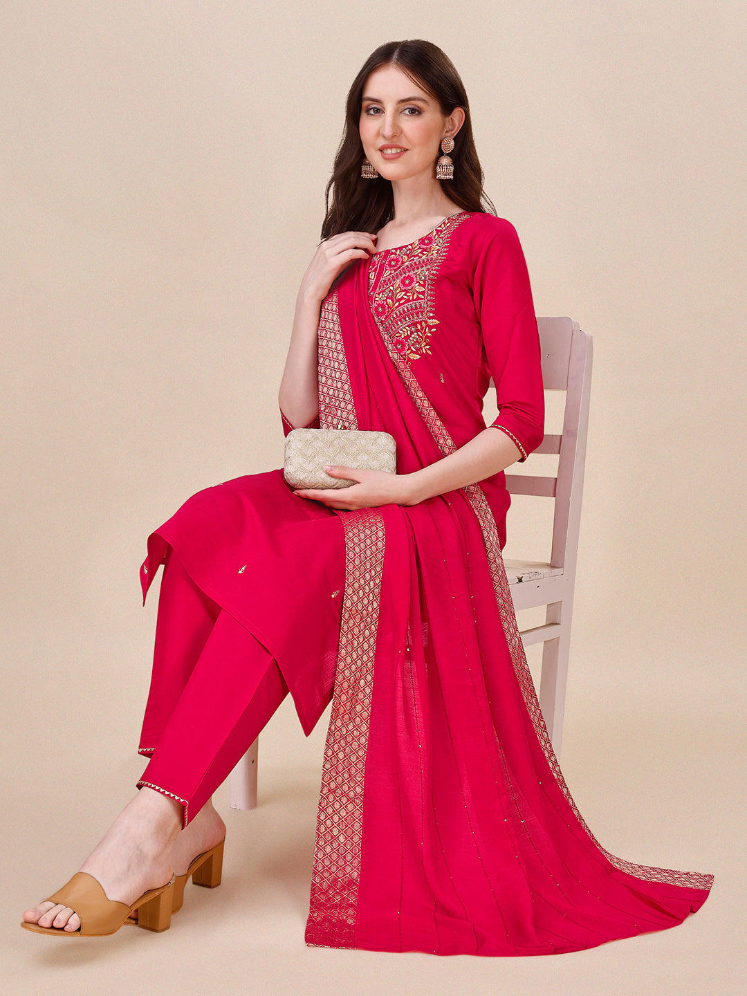 Chanderi Hot Pink Kurta With Pant And Dupatta Set, Multicolor - Hiral Fashion | Grocsy