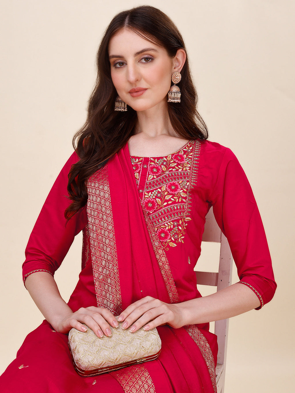 Chanderi Hot Pink Kurta With Pant And Dupatta Set, Multicolor - Hiral Fashion | Grocsy