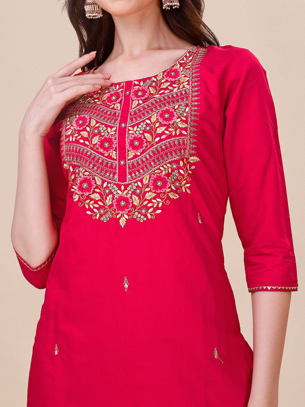 Chanderi Hot Pink Kurta With Pant And Dupatta Set, Multicolor - Hiral Fashion | Grocsy